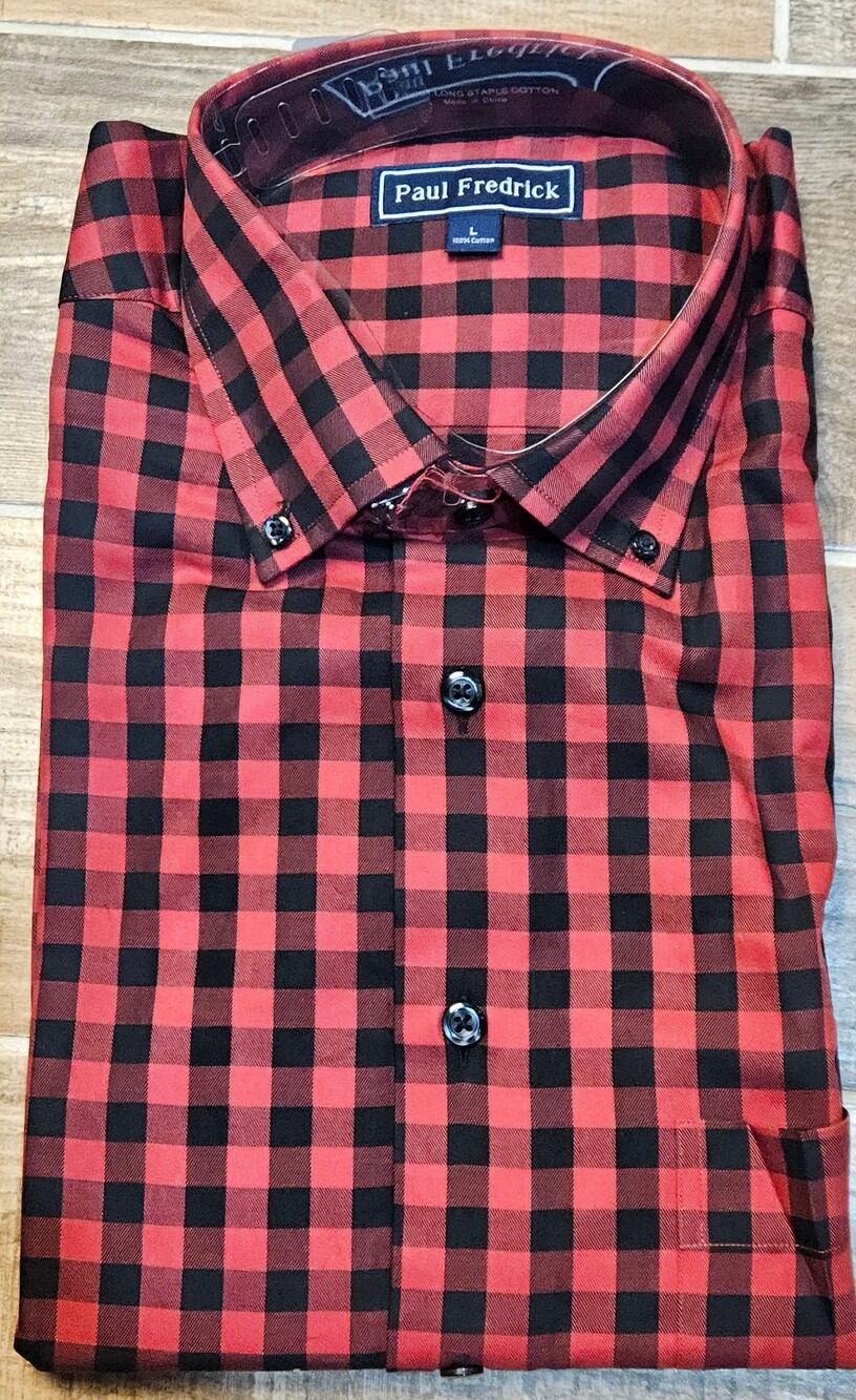 New Paul Fredrick Sport Shirt Large L Red Black Buffalo Plaid Cotton Button Down